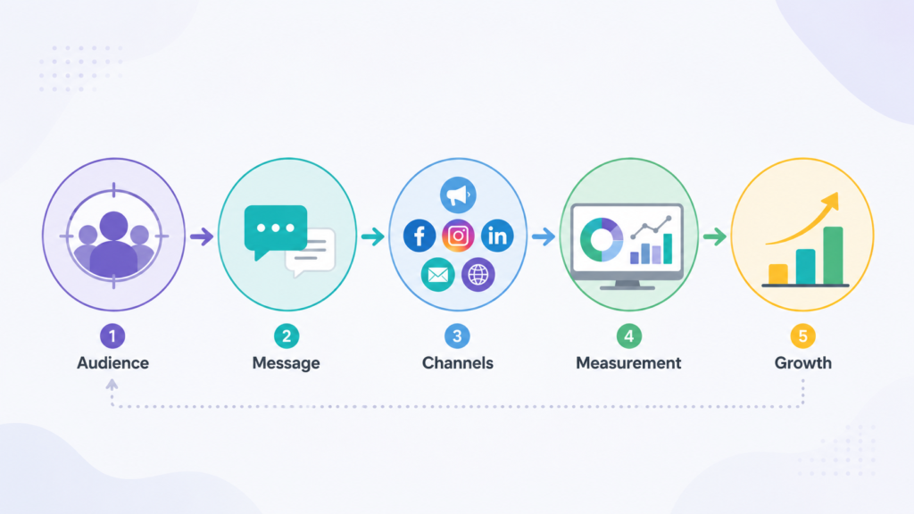 Small business marketing strategy framework for audience messaging channels and growth