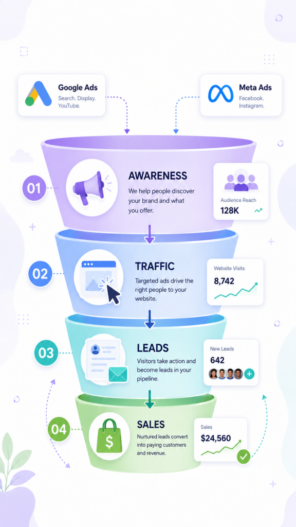 Paid media strategy for small business Google Ads Meta Ads leads and sales funnel