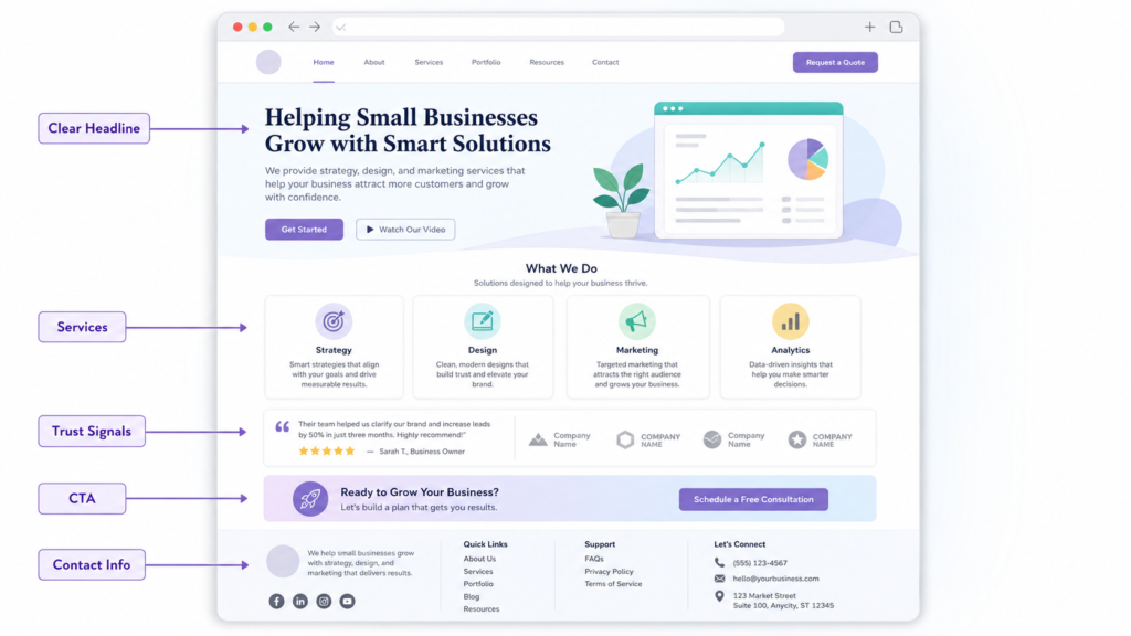 Small business website strategy with clear calls to action and trust signals